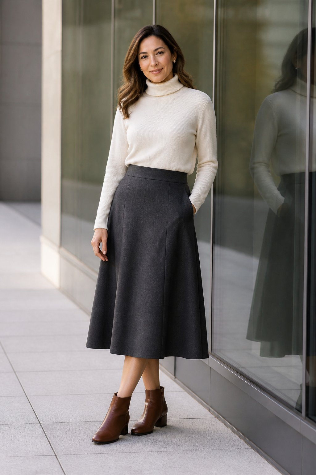 Charcoal A-line midi skirt with a soft cream turtleneck and low heeled brown ankle boots for midsize business casual