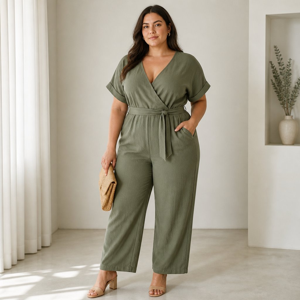woman wearing the structured jumpsuit: v-neck jumpsuit, belt, block-heel mules