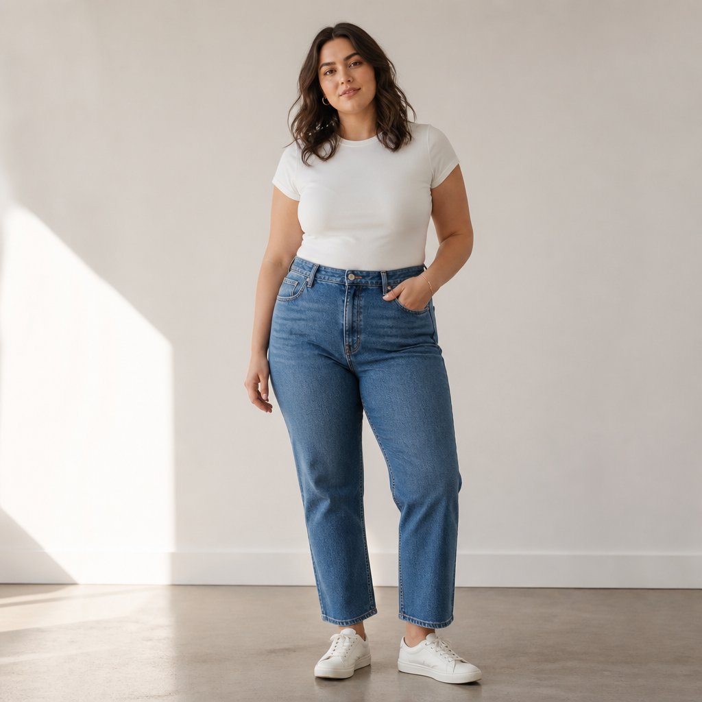 woman wearing the high-rise denim day: high-rise straight jeans, fitted tee, court sneakers