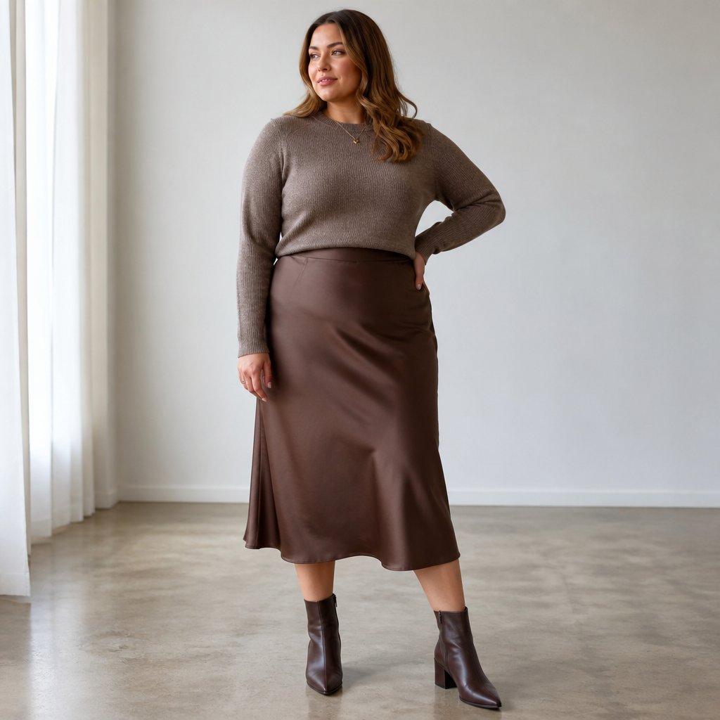 woman wearing the tucked knit: fine-gauge sweater, midi skirt, ankle boots