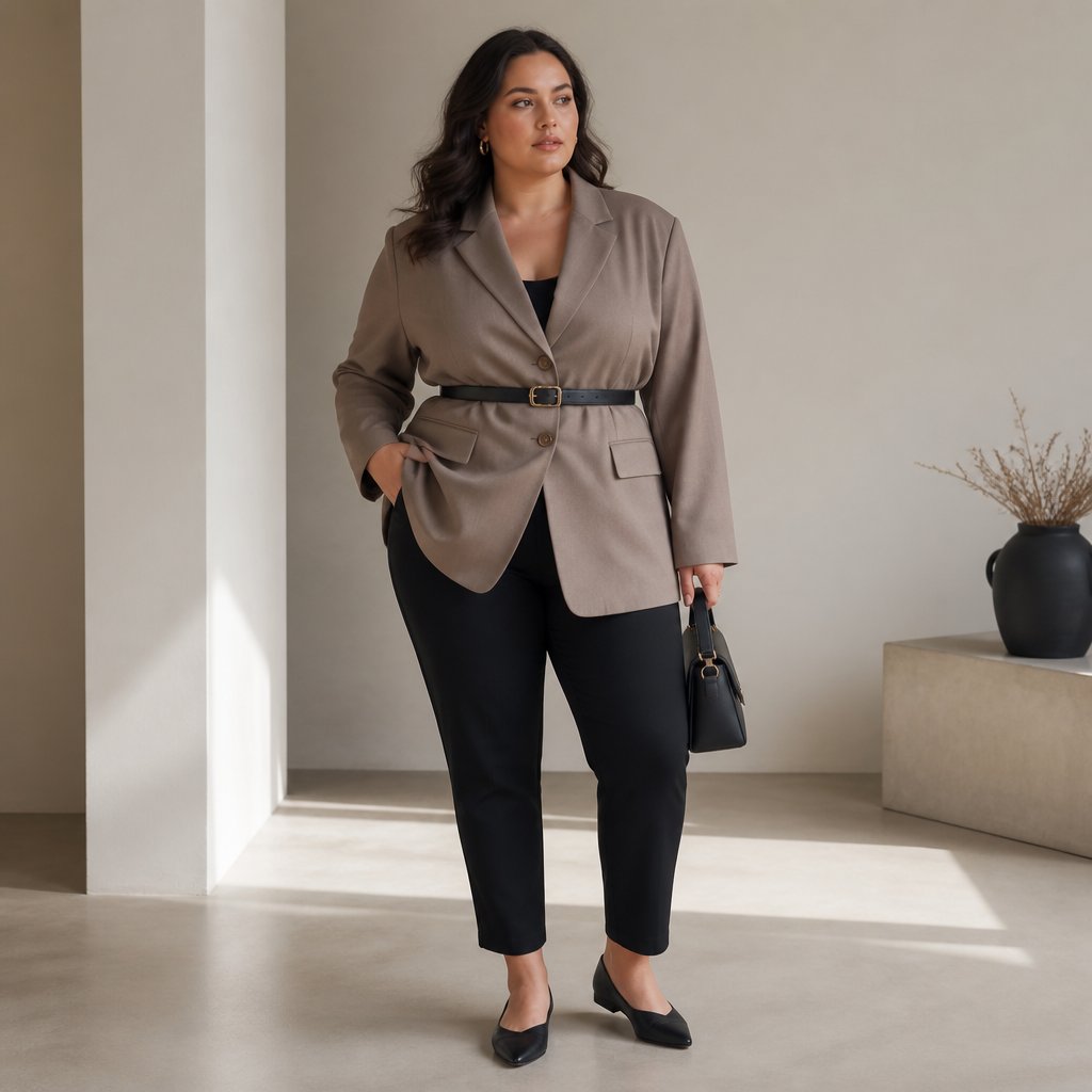 woman wearing the belted blazer: oversized blazer, belt, slim trousers, pointed flats