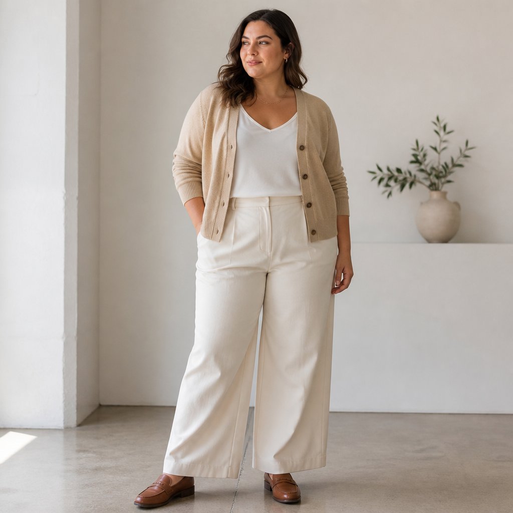 woman wearing the v-neck layer: v-neck cardigan, shell top, wide-leg pants, leather loafers