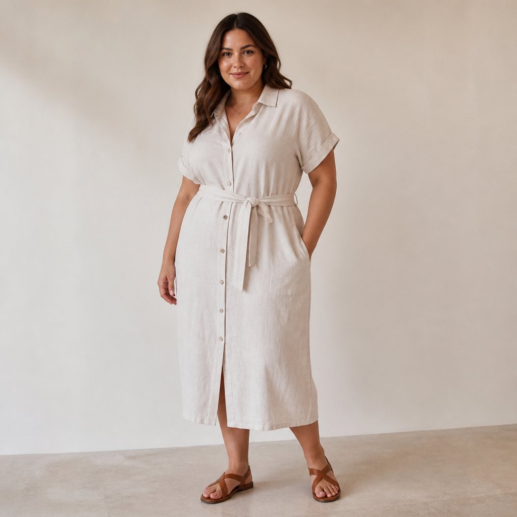 woman wearing the waist-tied shirtdress: shirtdress, fabric belt, leather sandals