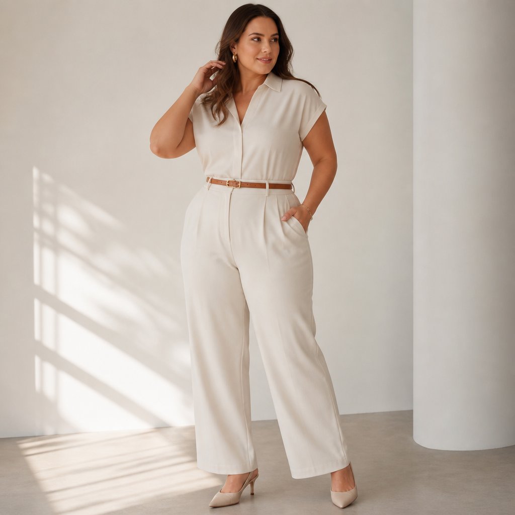 woman wearing the column-color base: monochrome trousers + top, statement belt, slingbacks