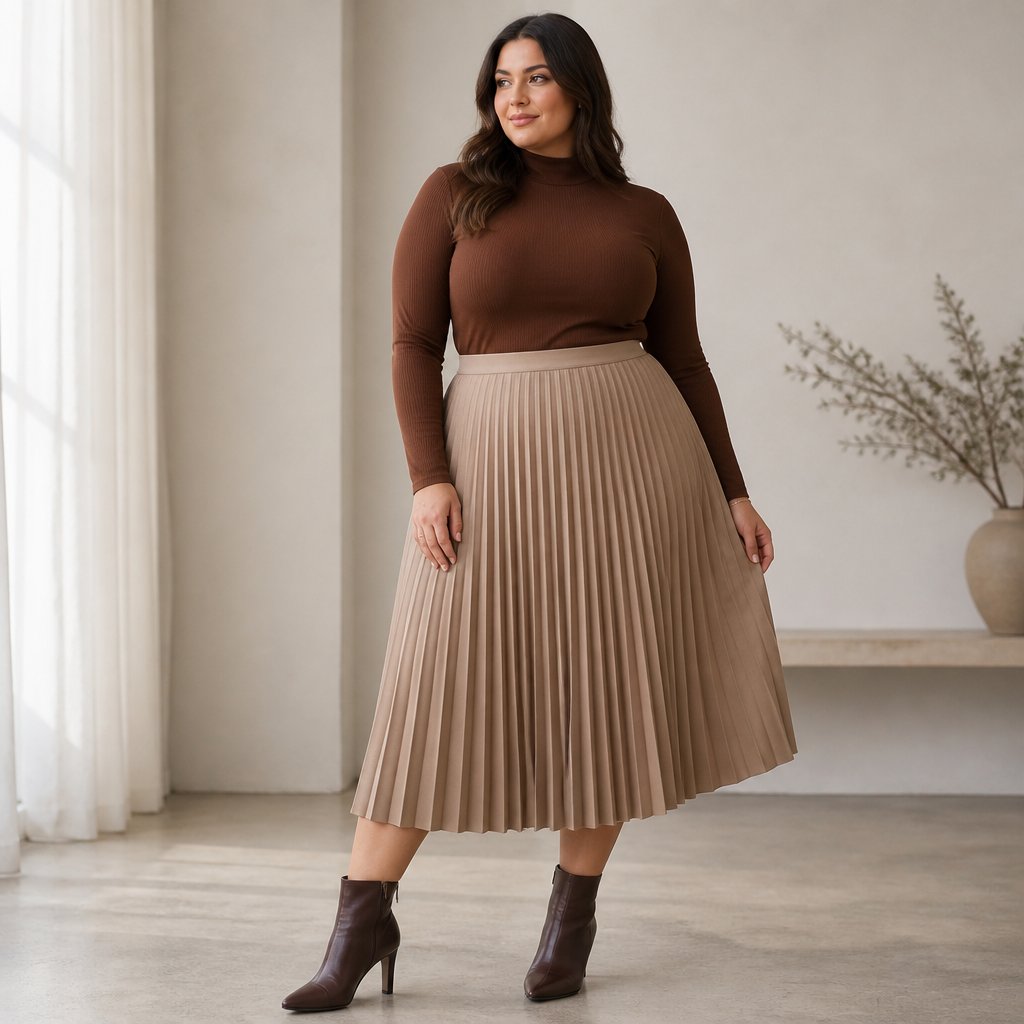 woman wearing the pleated midi: pleated midi, fitted mock-neck, heeled boots