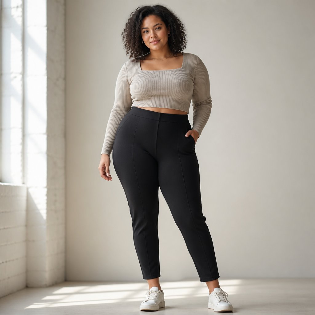 woman wearing the crop-ponte set: cropped knit, high-rise ponte pants, low-top sneakers