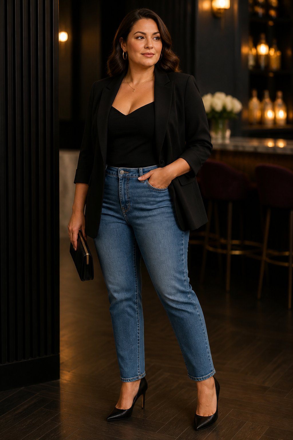 Midsize woman wearing a tailored blazer, fitted top, straight jeans, and heels for a going out outfit