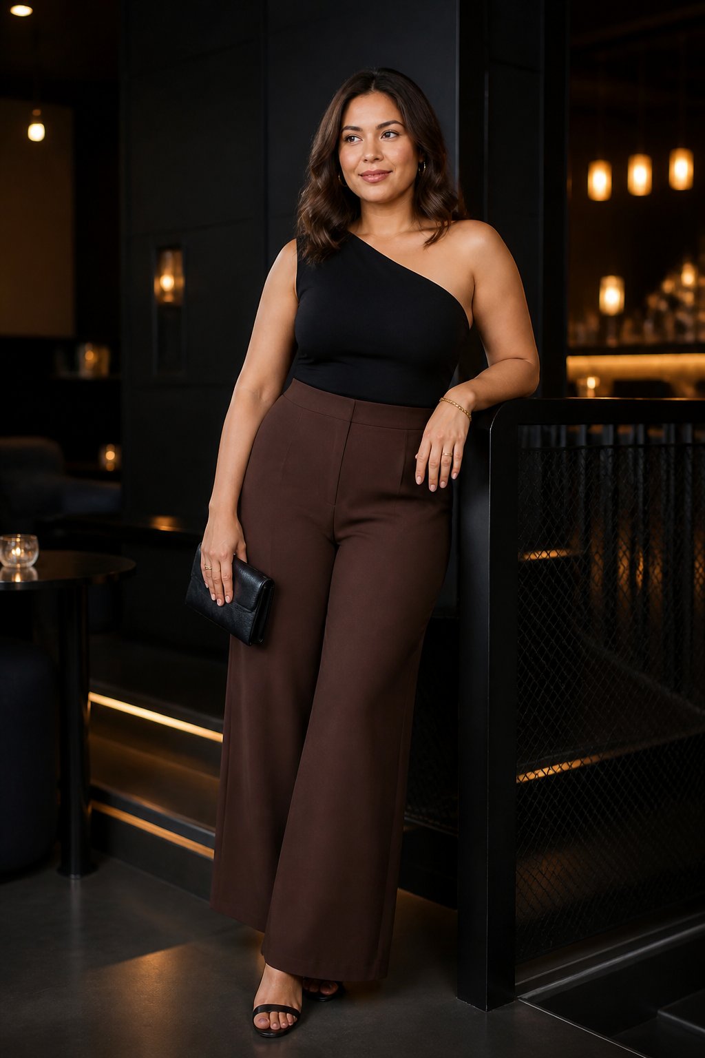 Midsize woman wearing wide-leg pants, a one-shoulder top, and block heels for a going out outfit