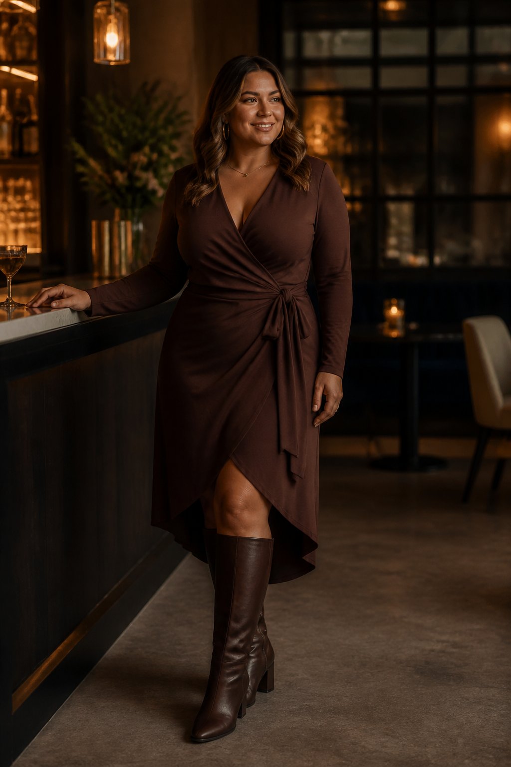 Midsize woman wearing a wrap dress and tall boots for a going out outfit