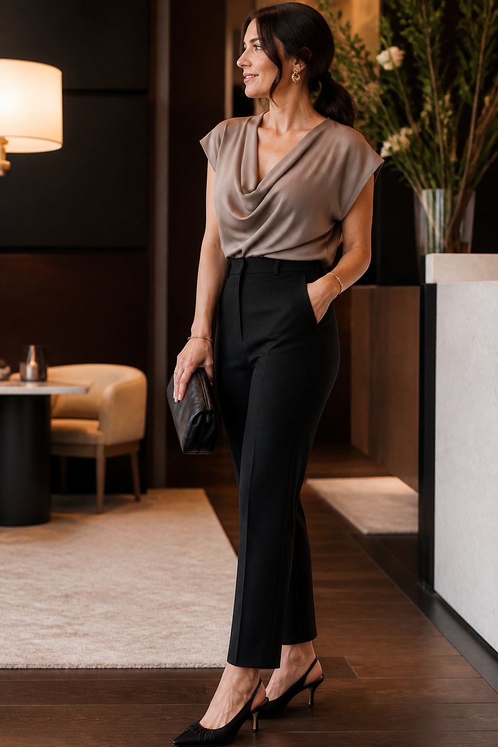 Midsize woman wearing a draped top, tailored trousers, and slingbacks for a going out outfit
