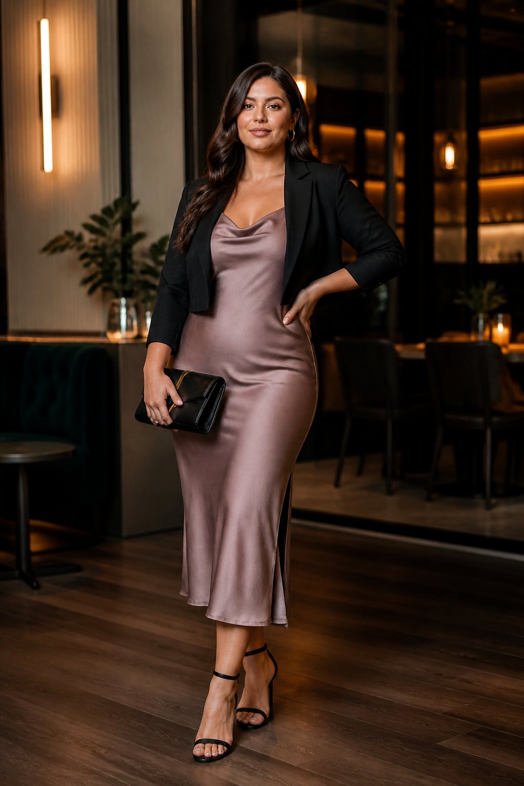 Midsize woman wearing a midi slip dress, cropped blazer, and strappy heels for a going out outfit