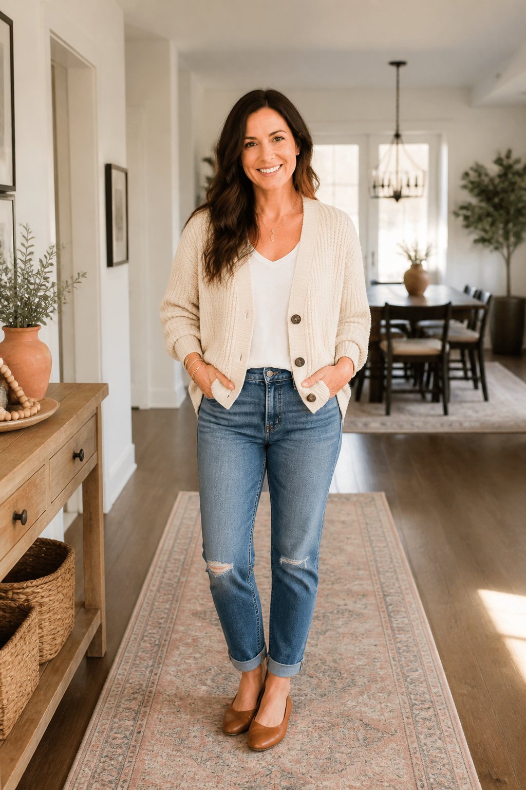 Midsize mom outfit in a bright sunlit home, comfortable and real-life styled