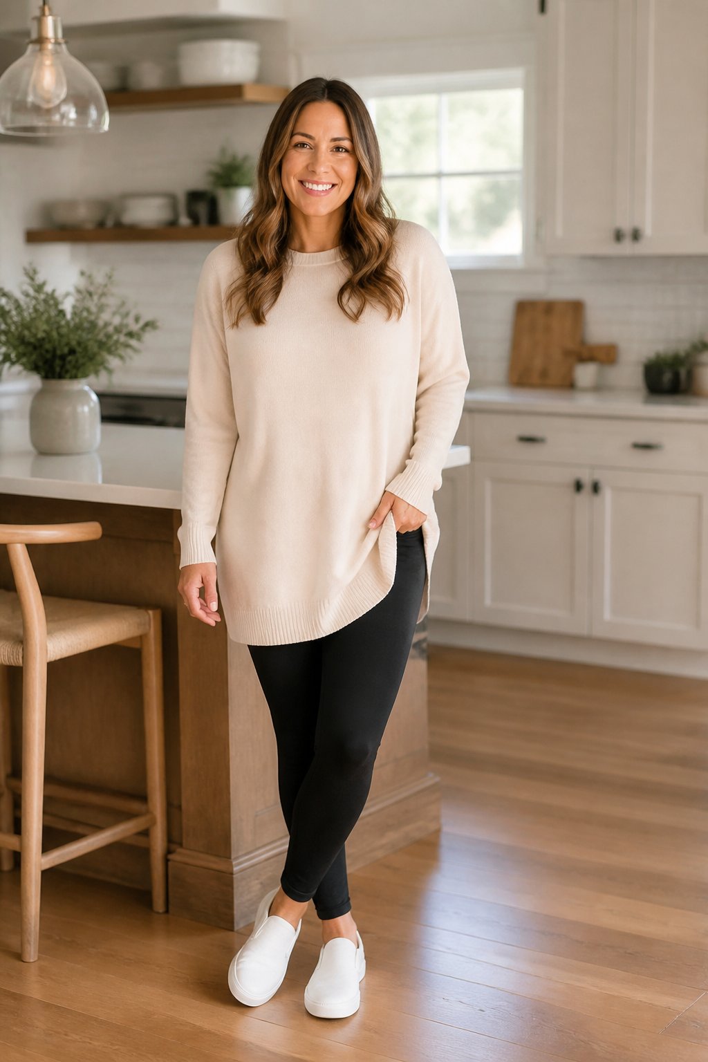 Black leggings with a long cream tunic sweater and white slip-on sneakers for a midsize mom