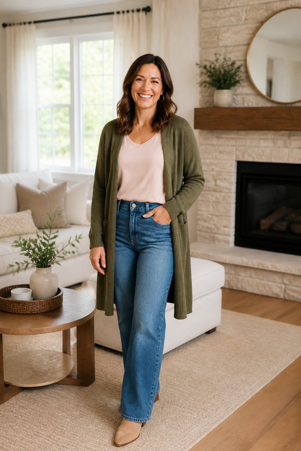 High-waisted straight-leg jeans with a soft blush top and a long olive cardigan for a midsize mom