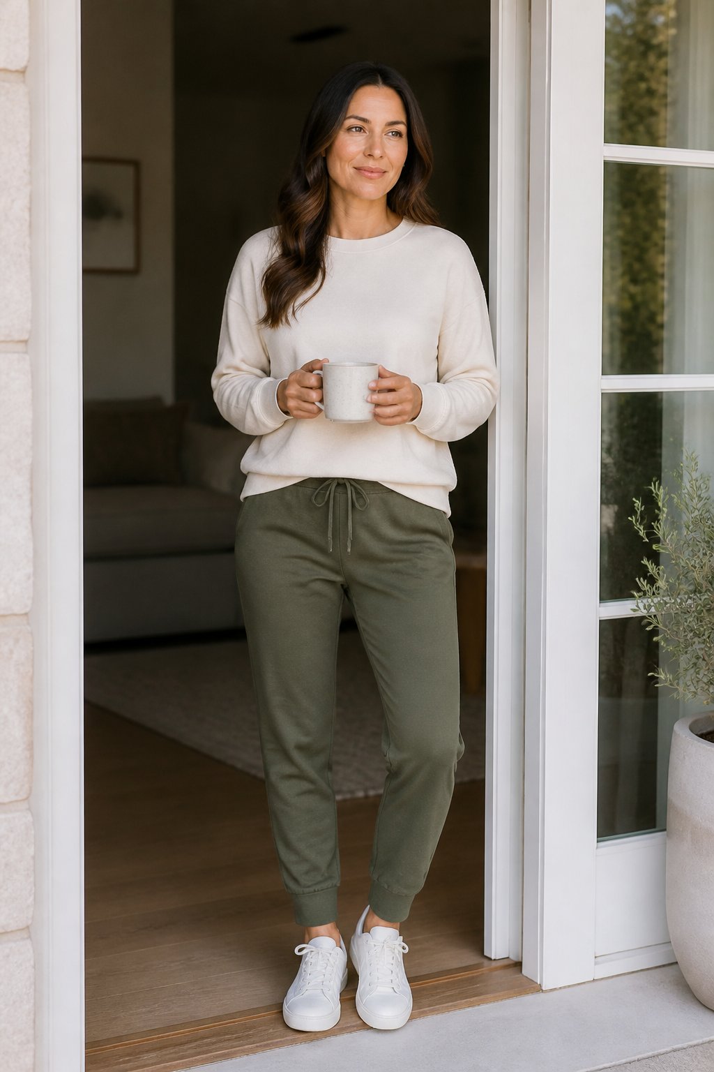 Olive joggers with a soft cream crewneck sweatshirt and white sneakers for a midsize mom