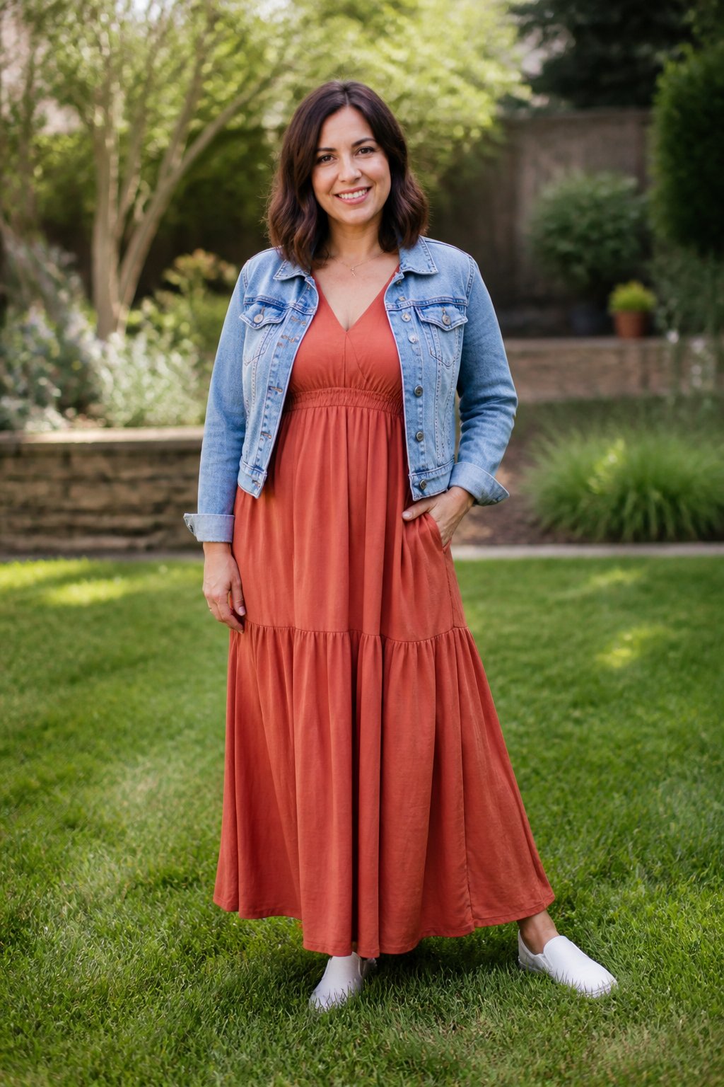Flowing terracotta maxi dress with a light-wash denim jacket and white slip-on sneakers for a midsize mom