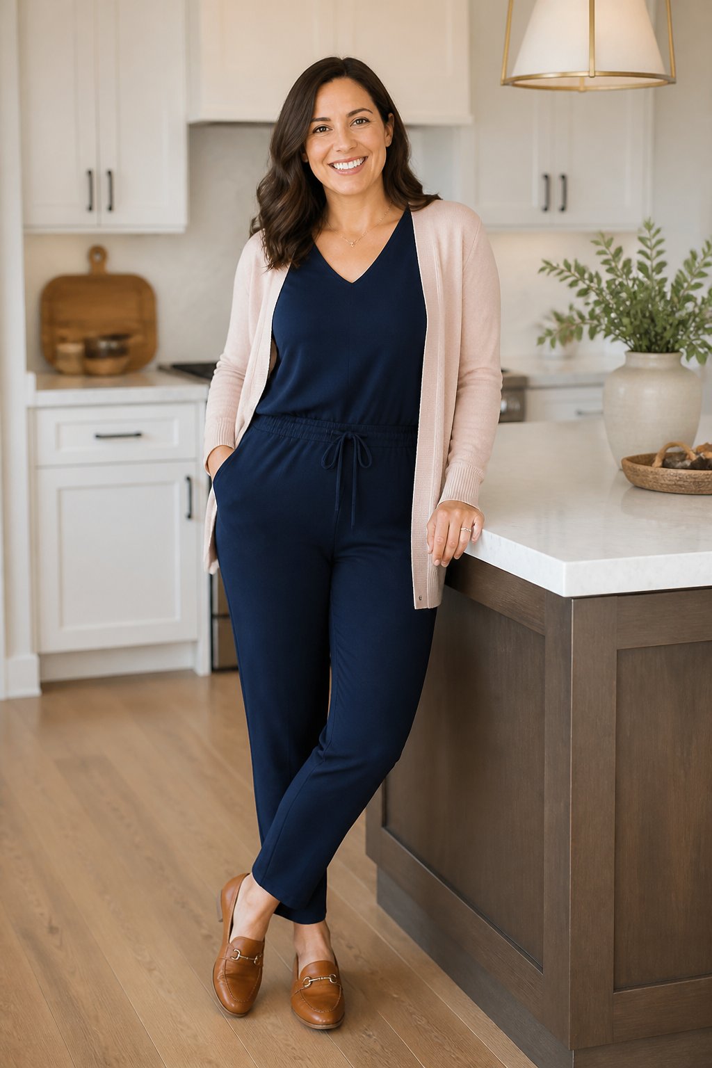 Navy stretchy jumpsuit with a soft blush cardigan and brown loafers for a midsize mom