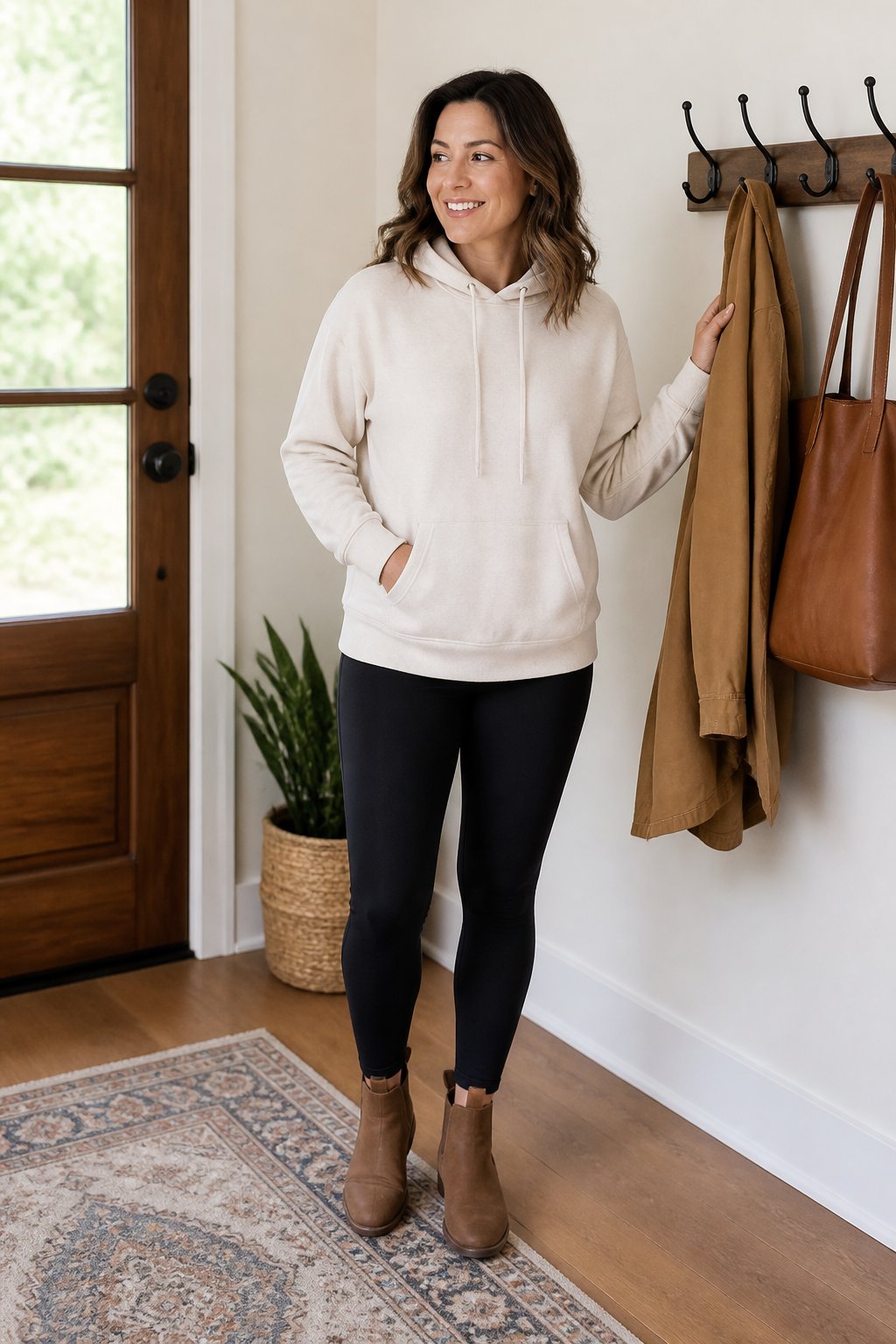 Soft cream hoodie with black leggings and pull-on brown ankle boots for a midsize mom