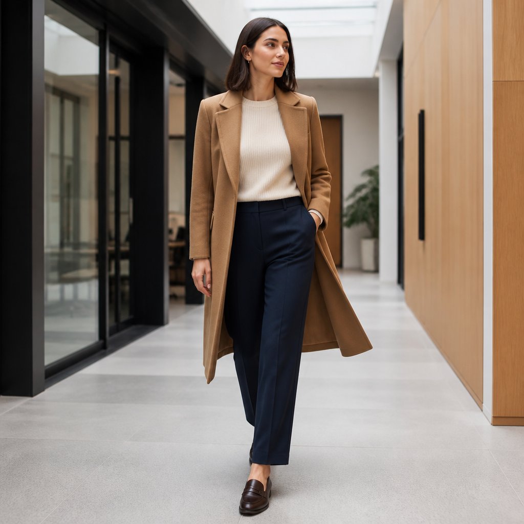 Midsize woman wearing tailored wide-leg trousers, a crisp poplin shirt, and loafers in a bright office lobby