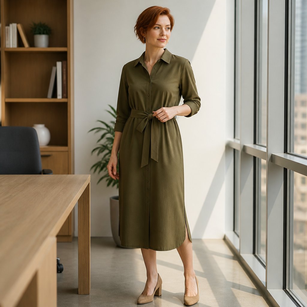 Midsize woman wearing a midi pencil skirt, a tucked button-up shirt, and slingbacks in a glass-walled meeting room