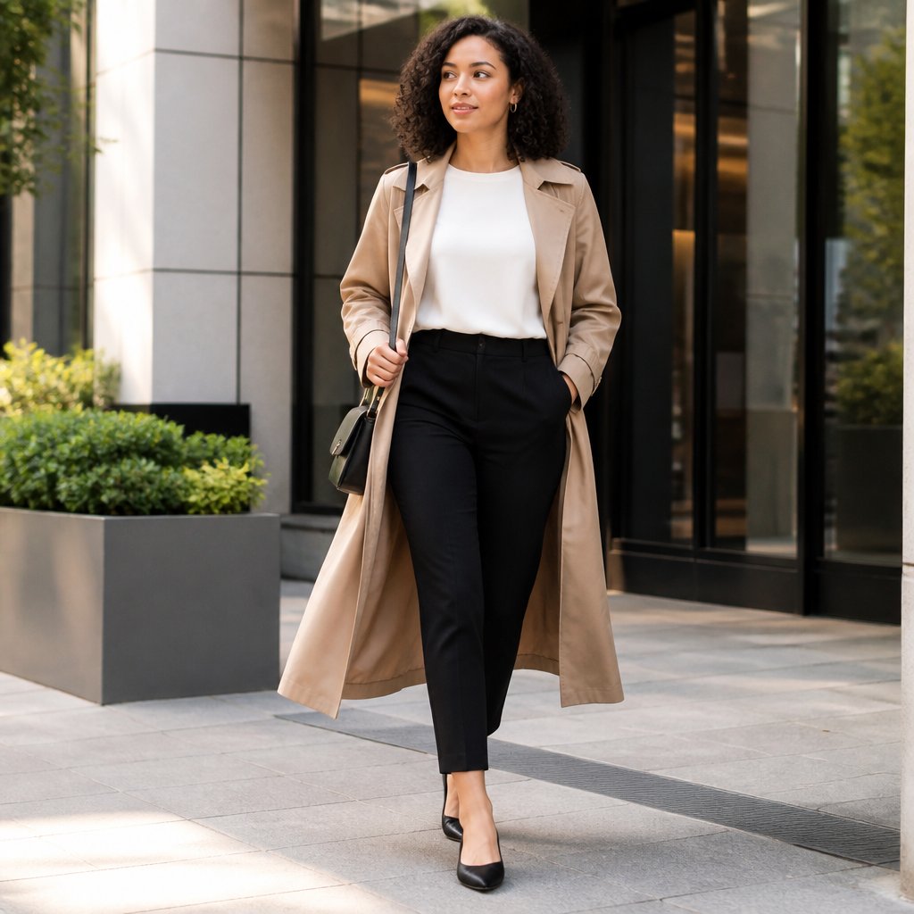 Midsize woman wearing a belted shirt dress and block heels in a bright office near tall windows