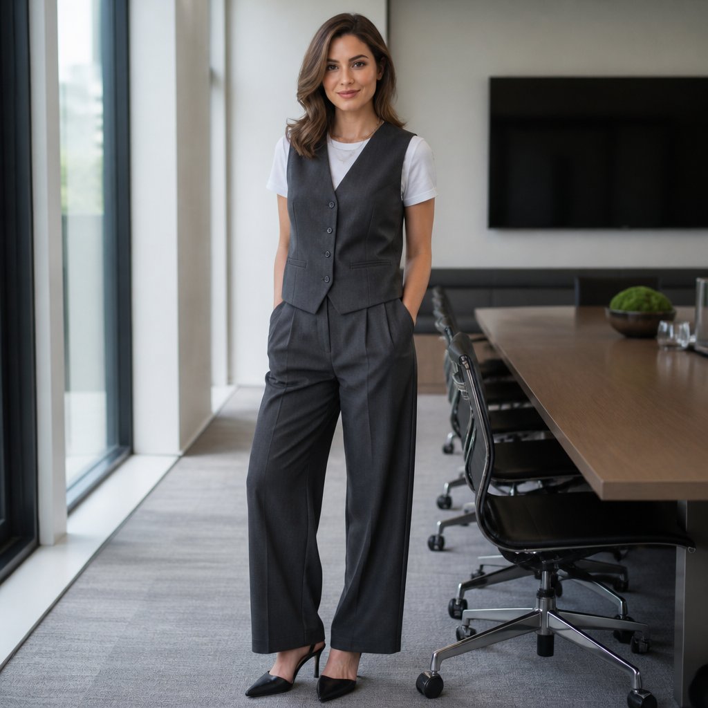 Midsize woman in a knit midi dress, a structured jacket, and ankle boots standing in a modern office lounge