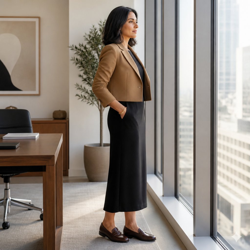 Midsize woman wearing a pleated midi skirt, a lightweight sweater, and block-heel pumps in a plant-filled office corner