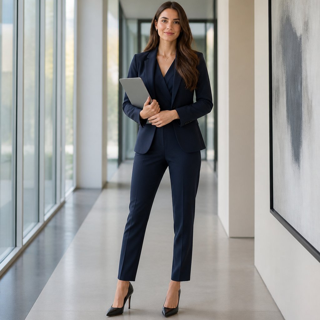 Midsize woman wearing a column dress, a cropped blazer, and loafers while standing by a window in an office