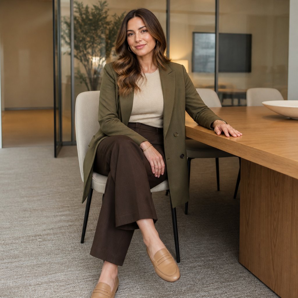 Midsize woman wearing a tailored jumpsuit, a blazer, and simple heels in a glass meeting room