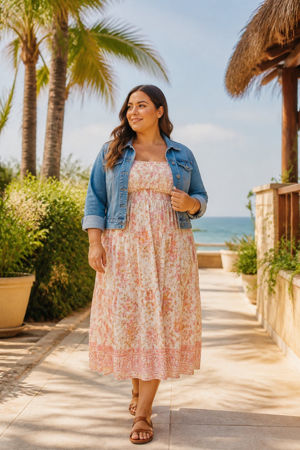 Midsize woman wearing a midi sundress, sandals, and a denim jacket for a vacation outfit