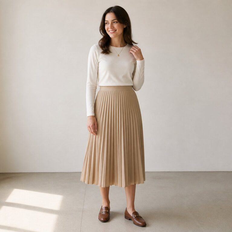 woman wearing outfit 1 for modest capsule wardrobe