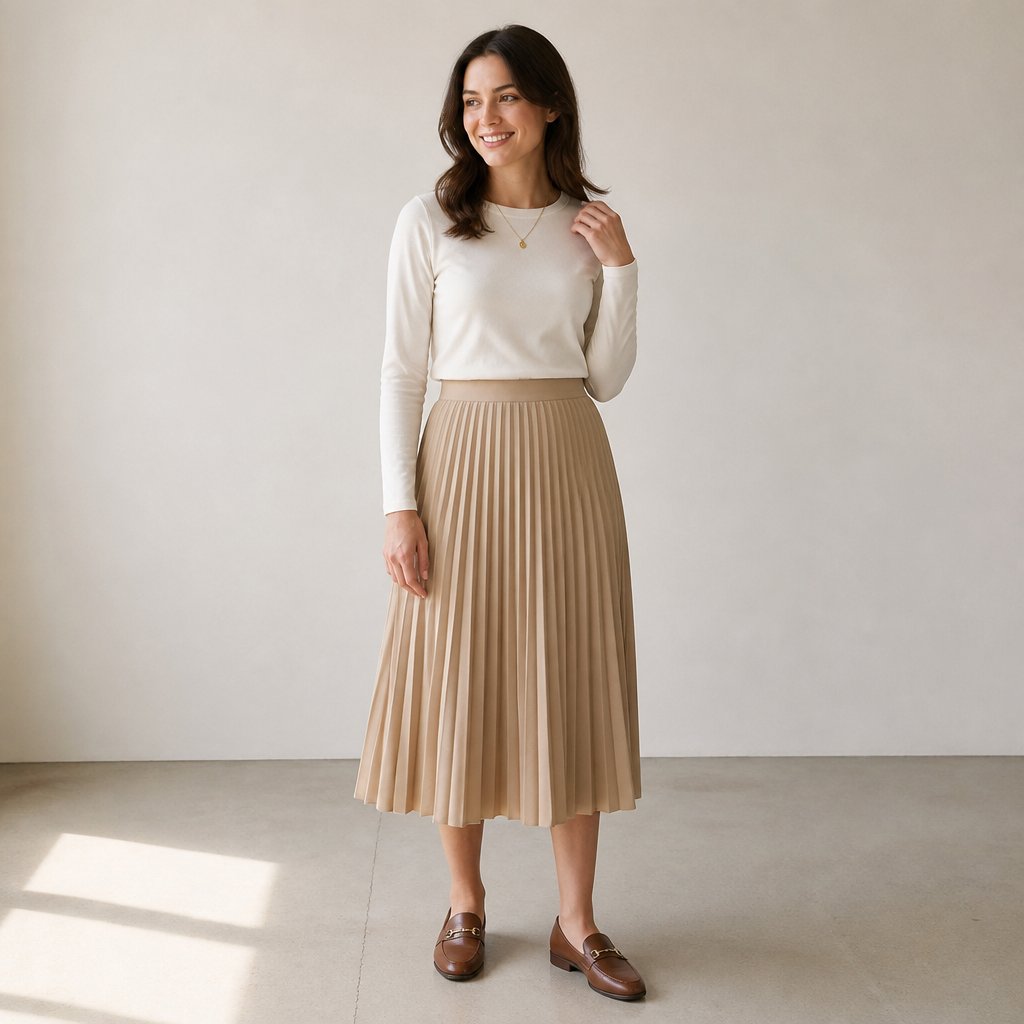 woman wearing outfit 1 for modest capsule wardrobe