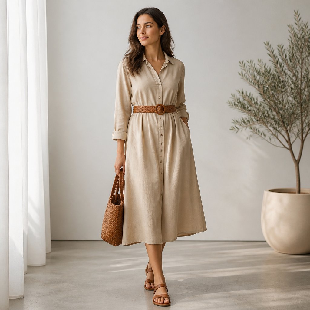 woman wearing the shirtdress: long-sleeve shirtdress, woven belt, leather sandals