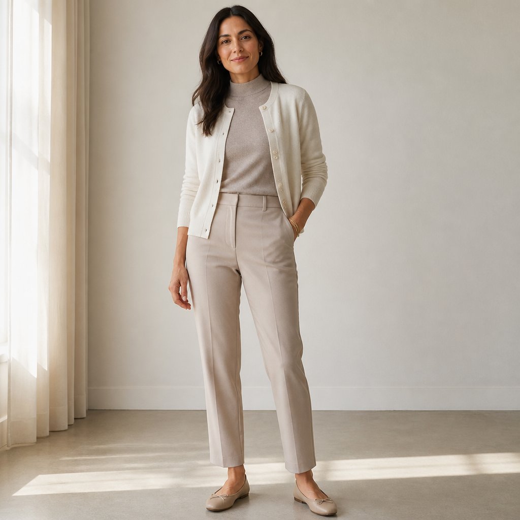 woman wearing the layered cardigan set: fine-gauge cardi, mock-neck top, straight trousers, flats