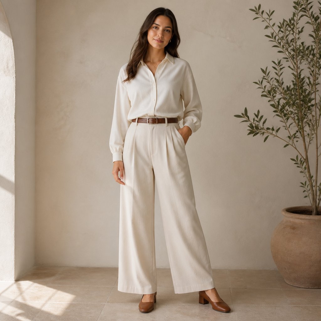 woman wearing the button-down anchor: collared blouse, wide-leg pants, leather belt, low heels