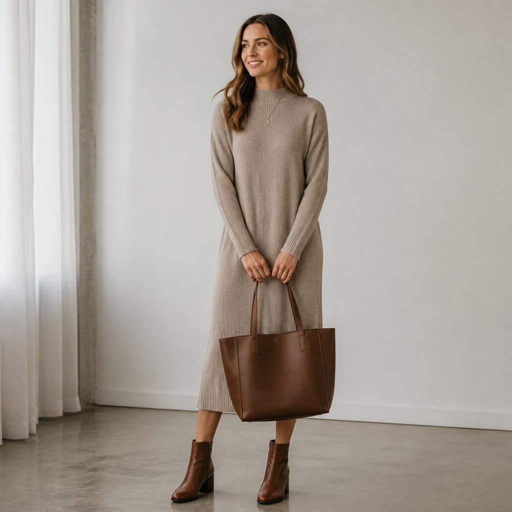 woman wearing the knit dress day: long-sleeve knit midi, structured tote, ankle boots