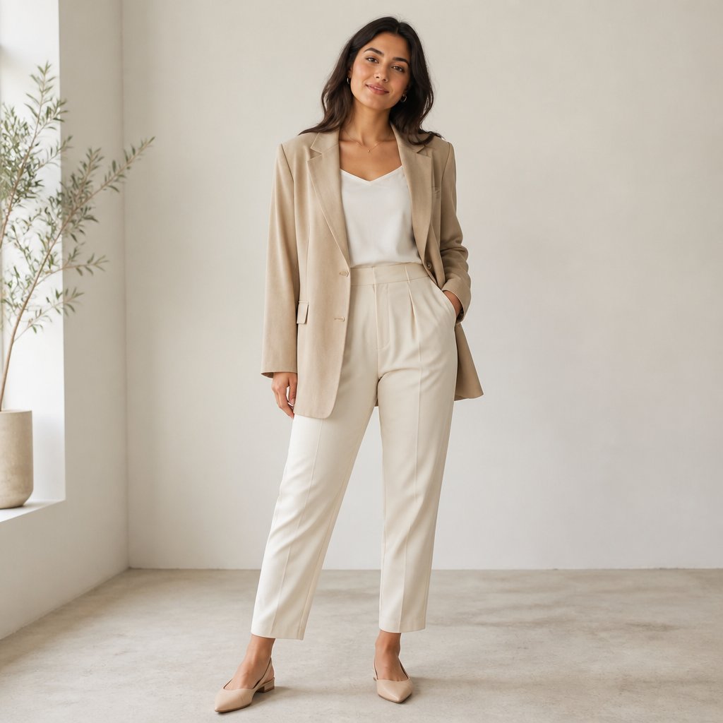 woman wearing the blazer formula: relaxed blazer, shell top, ankle trousers, pointed flats