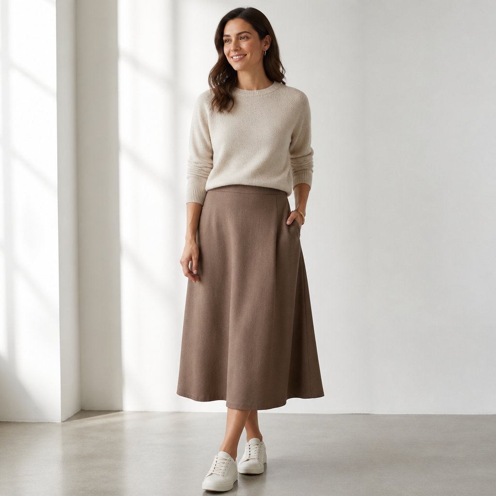 woman wearing the skirt + sweater: merino sweater, a-line midi skirt, court sneakers