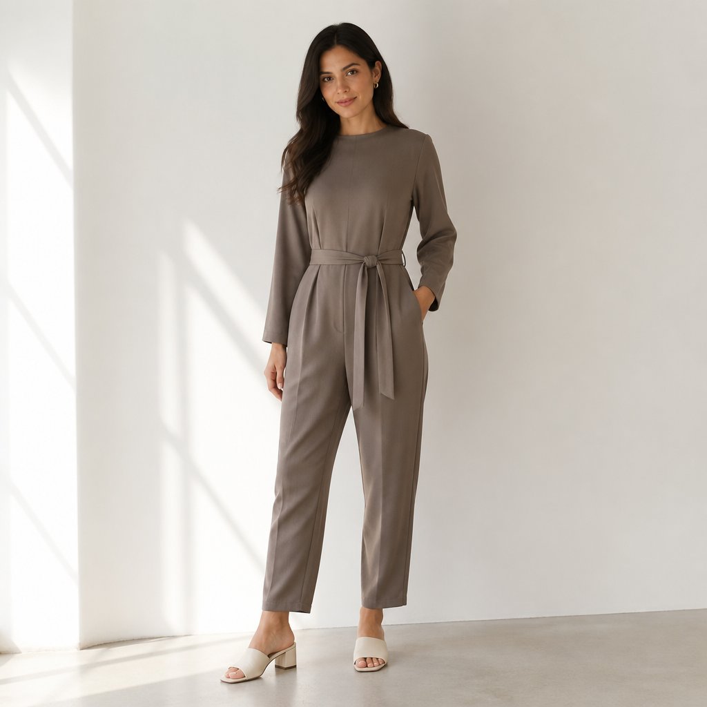 woman wearing the modest jumpsuit: long-sleeve jumpsuit, belt, block-heel mules