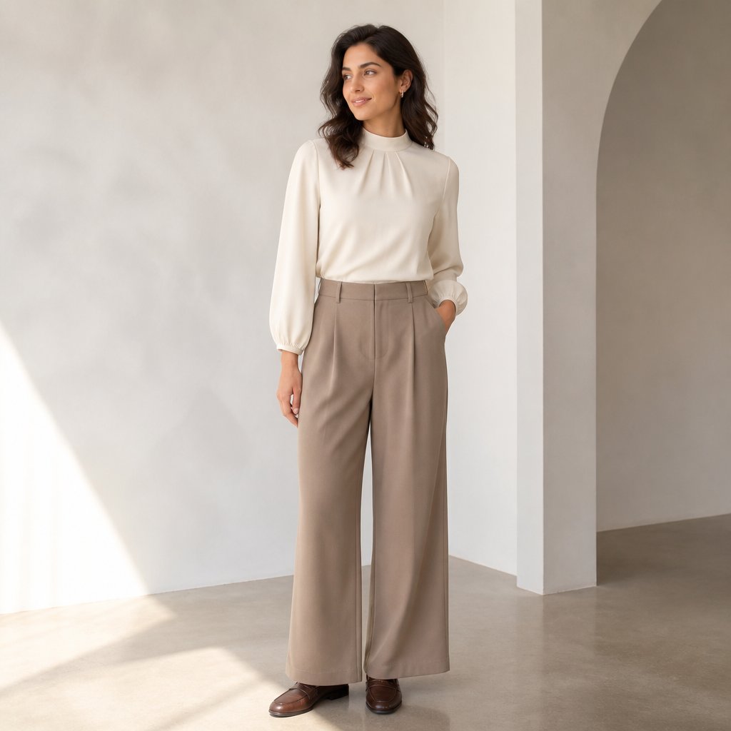 woman wearing the high-neck top + wide-leg: mock-neck blouse, wide-leg trousers, leather loafers