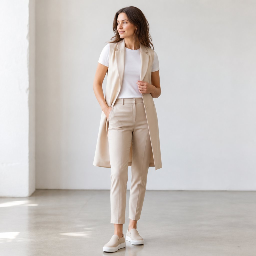 woman wearing the long-line vest: long vest, tee, slim trousers, slip-on sneakers