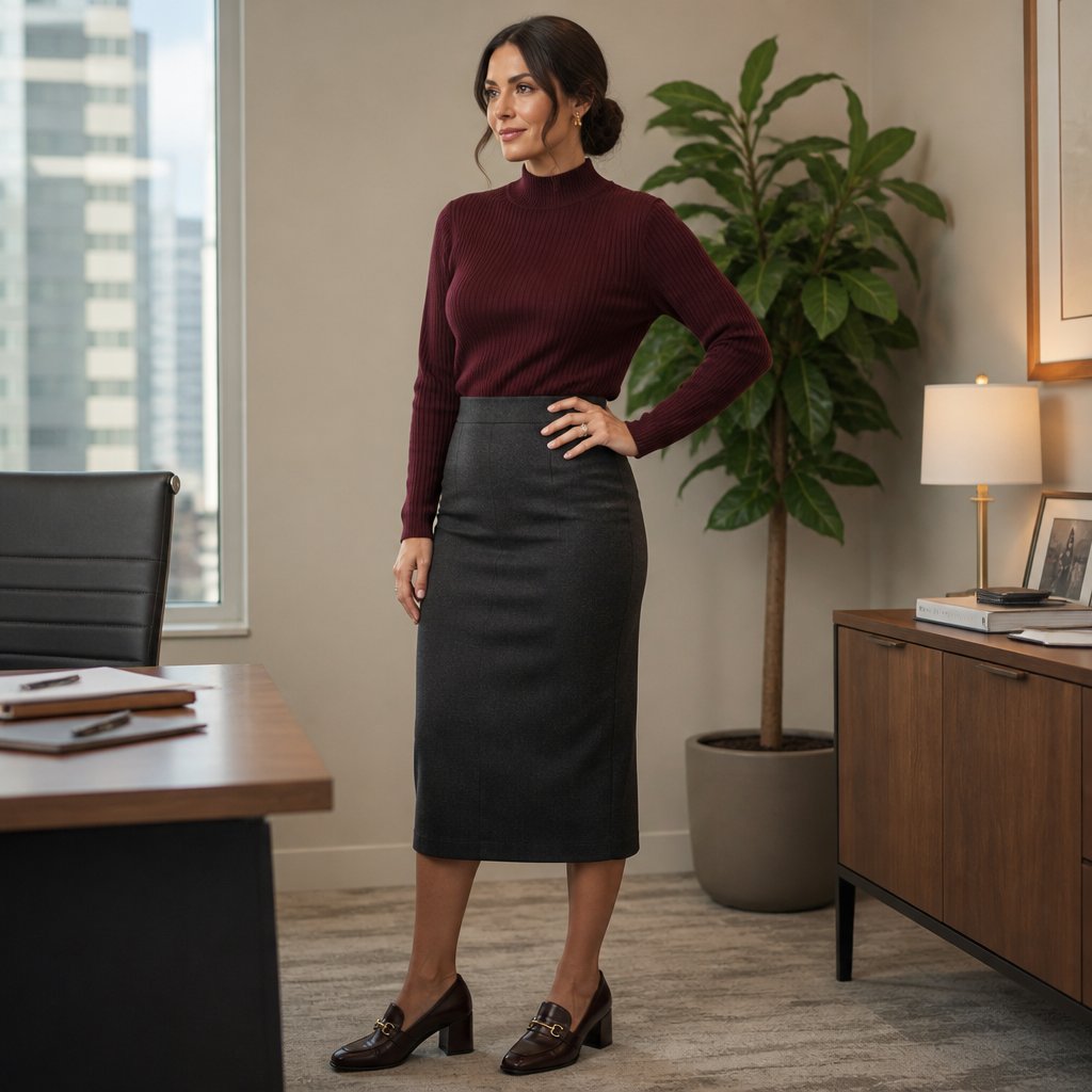 Modest corporate outfit: tailored wide-leg trousers with a long-sleeve cream blouse and pointed nude pumps in a calm modern office