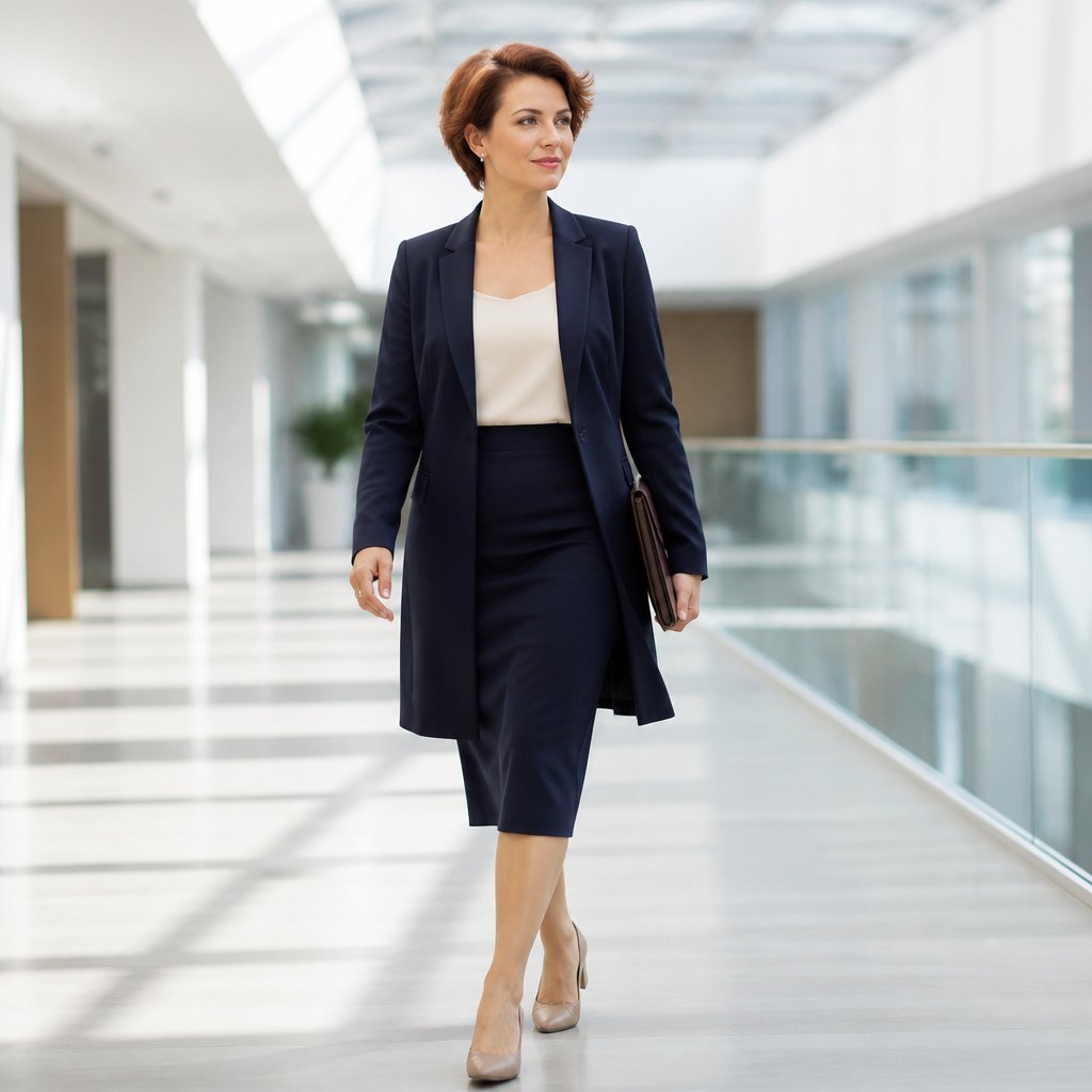 Modest corporate outfit: charcoal midi pencil skirt with a soft cream mock-neck top and brown block-heel loafers