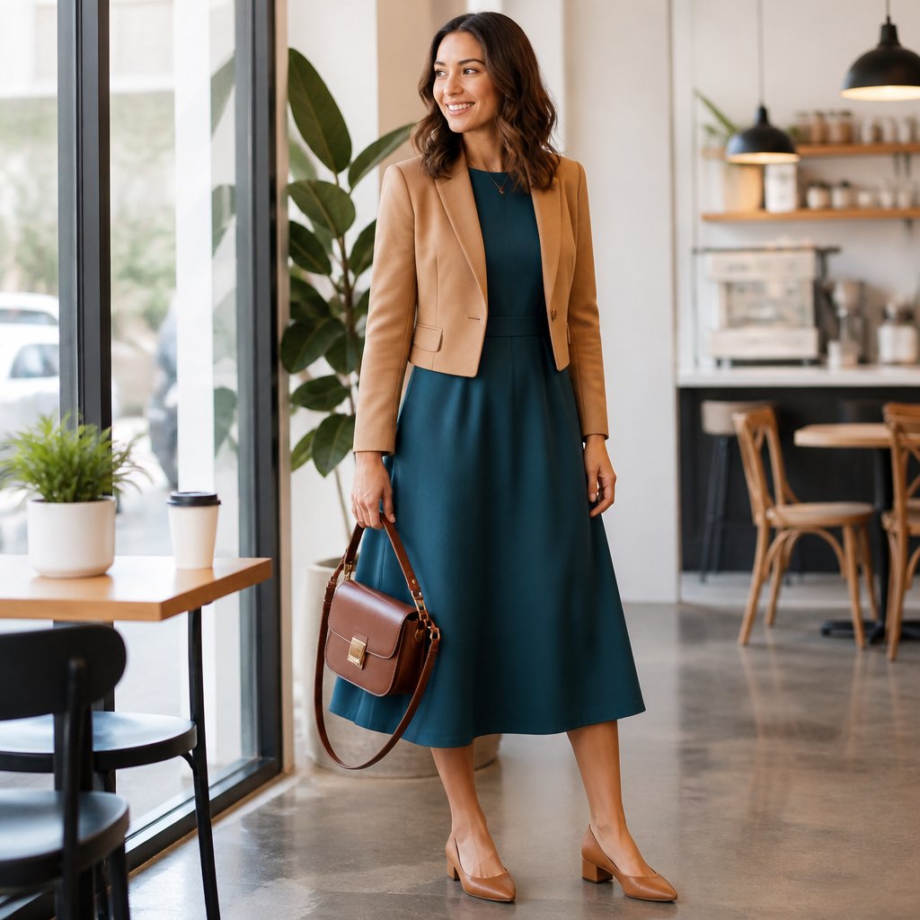 Modest corporate outfit: olive A-line midi dress with a camel belted blazer and low camel block-heel pumps