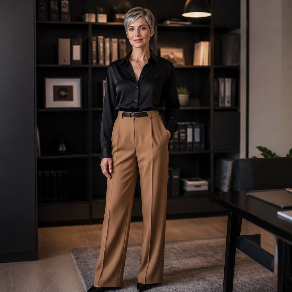 Modest corporate outfit: high-waisted camel suit trousers with a soft cream bow-neck blouse and pointed nude mules