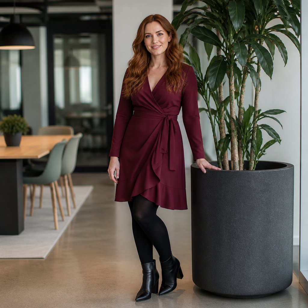 Modest corporate outfit: navy long-sleeve wrap dress with a soft cream structured jacket and low nude pumps