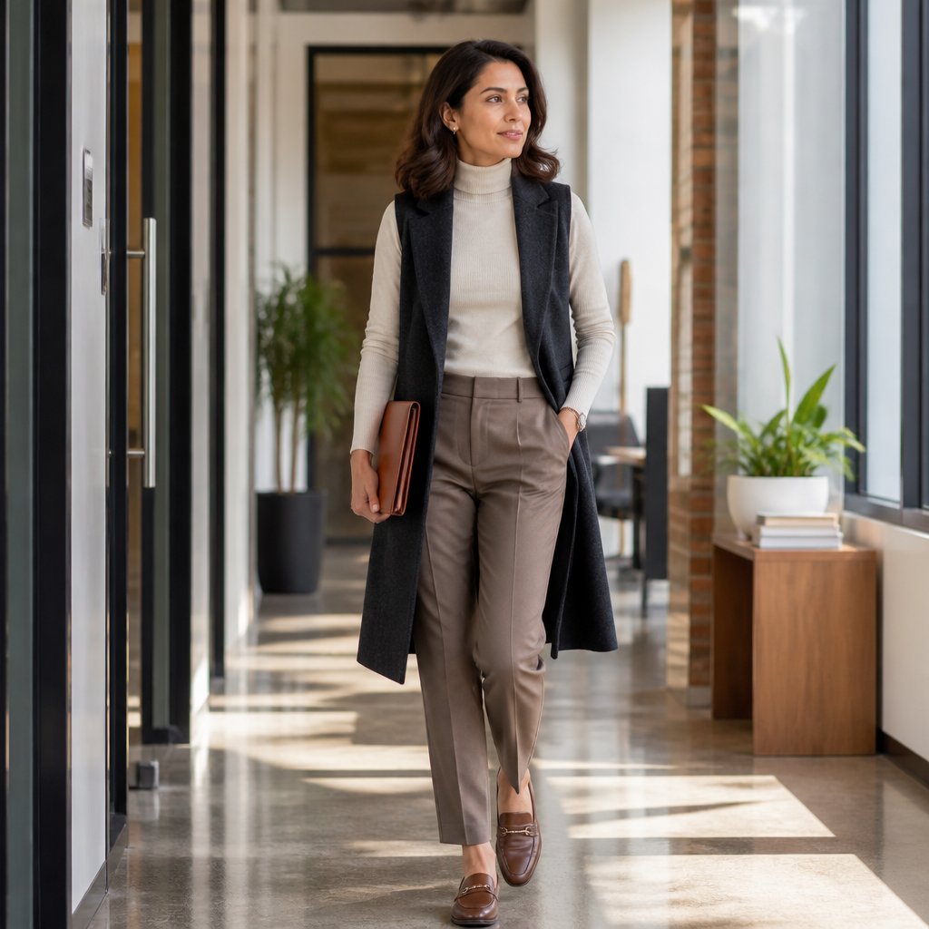 Modest corporate outfit: charcoal long vest over a soft white button-up shirt and slim navy trousers with brown loafers