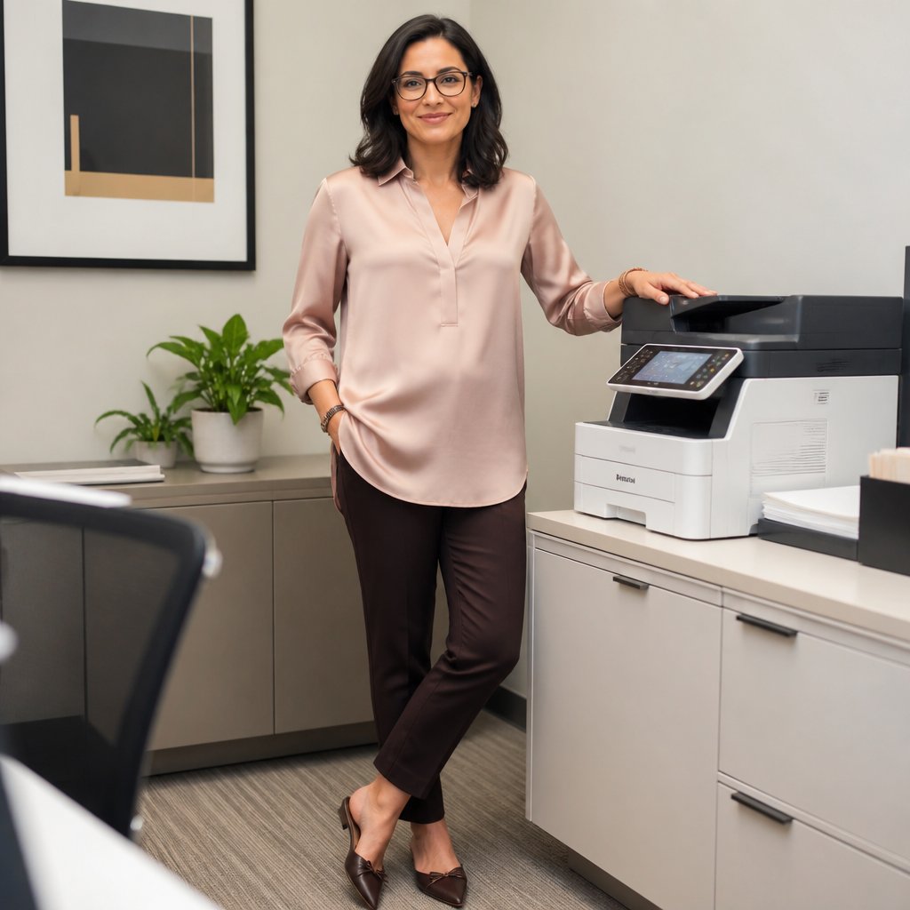 Modest corporate outfit: soft blush tunic blouse tucked into a pleated charcoal midi skirt with low block-heel pumps