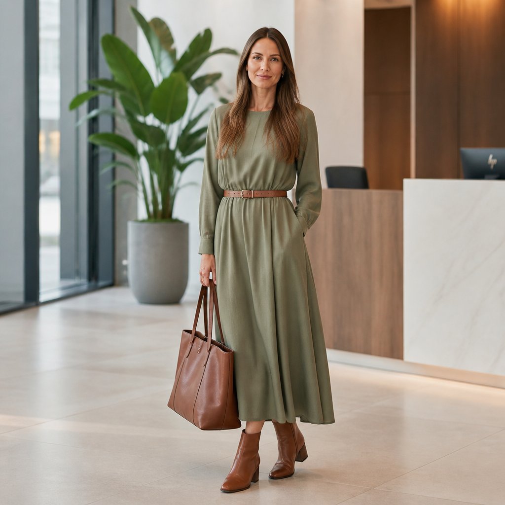 Modest corporate outfit: olive long-sleeve maxi dress with a cropped camel blazer and sleek brown ankle boots