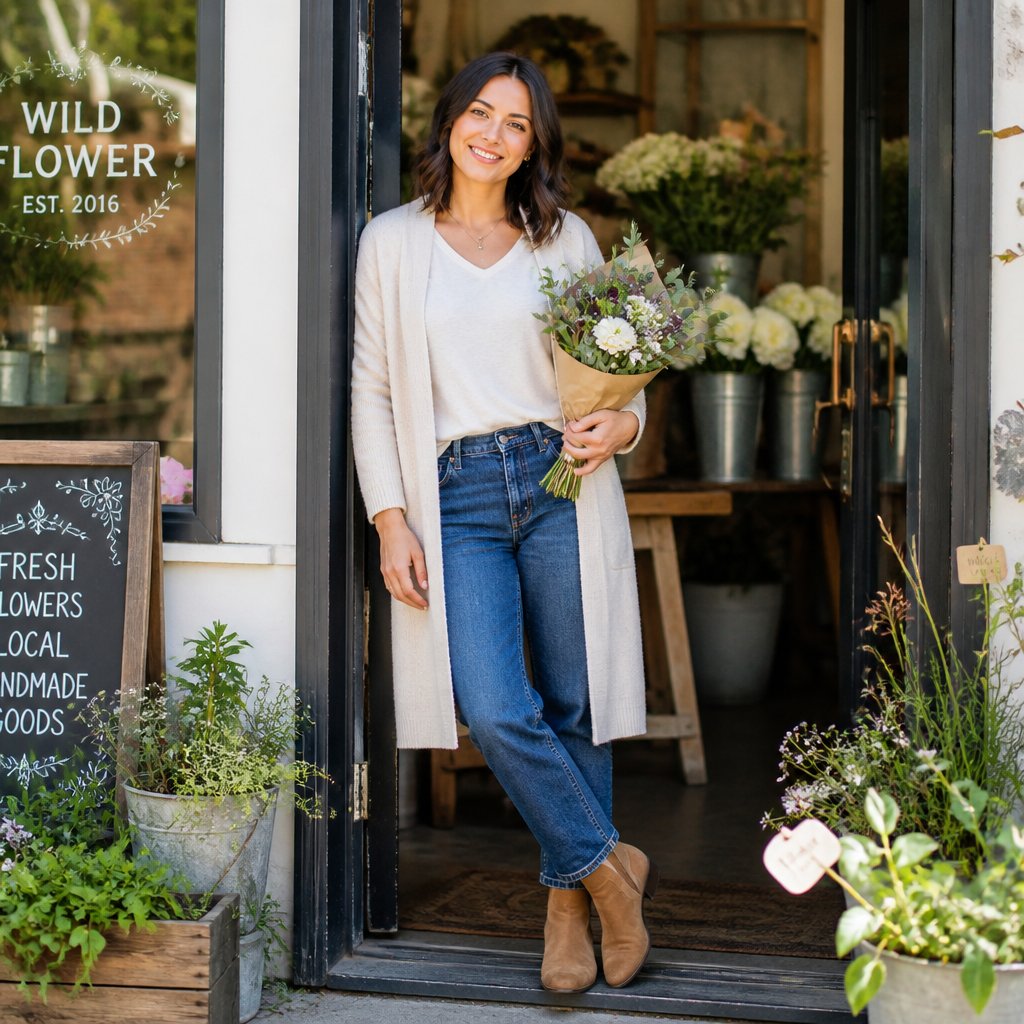 Modest everyday outfit: long olive cardigan over a soft cream tee and high-waisted navy wide-leg trousers